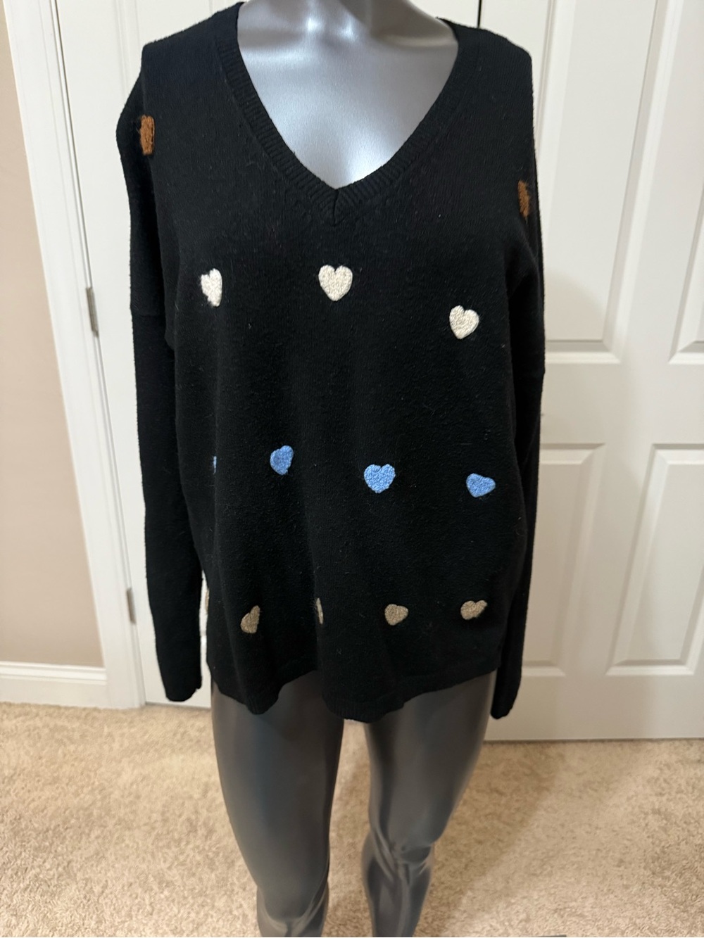 CHARLIE B Black V-Neck Sweater with Cream, Blue, Tan & Brown Hearts